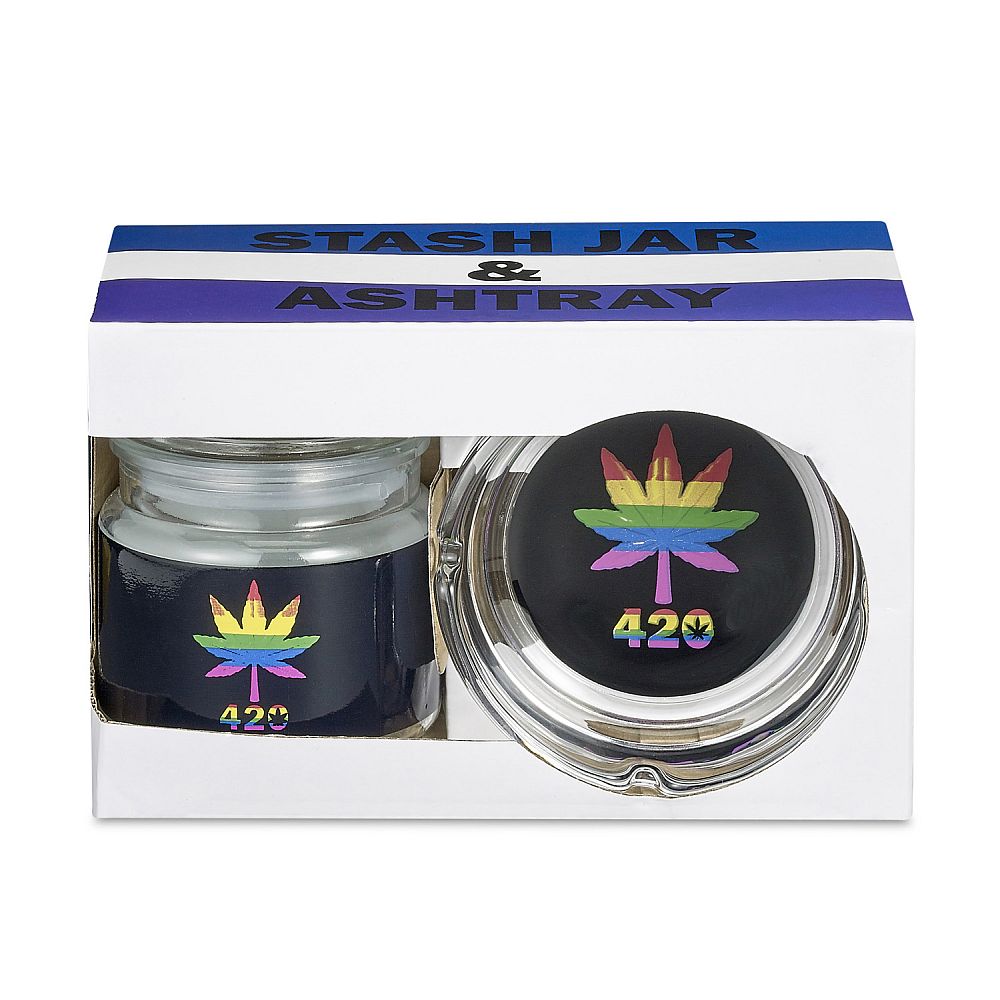 Ashtray/Stash Jar Set - Rainbow Leaf Design